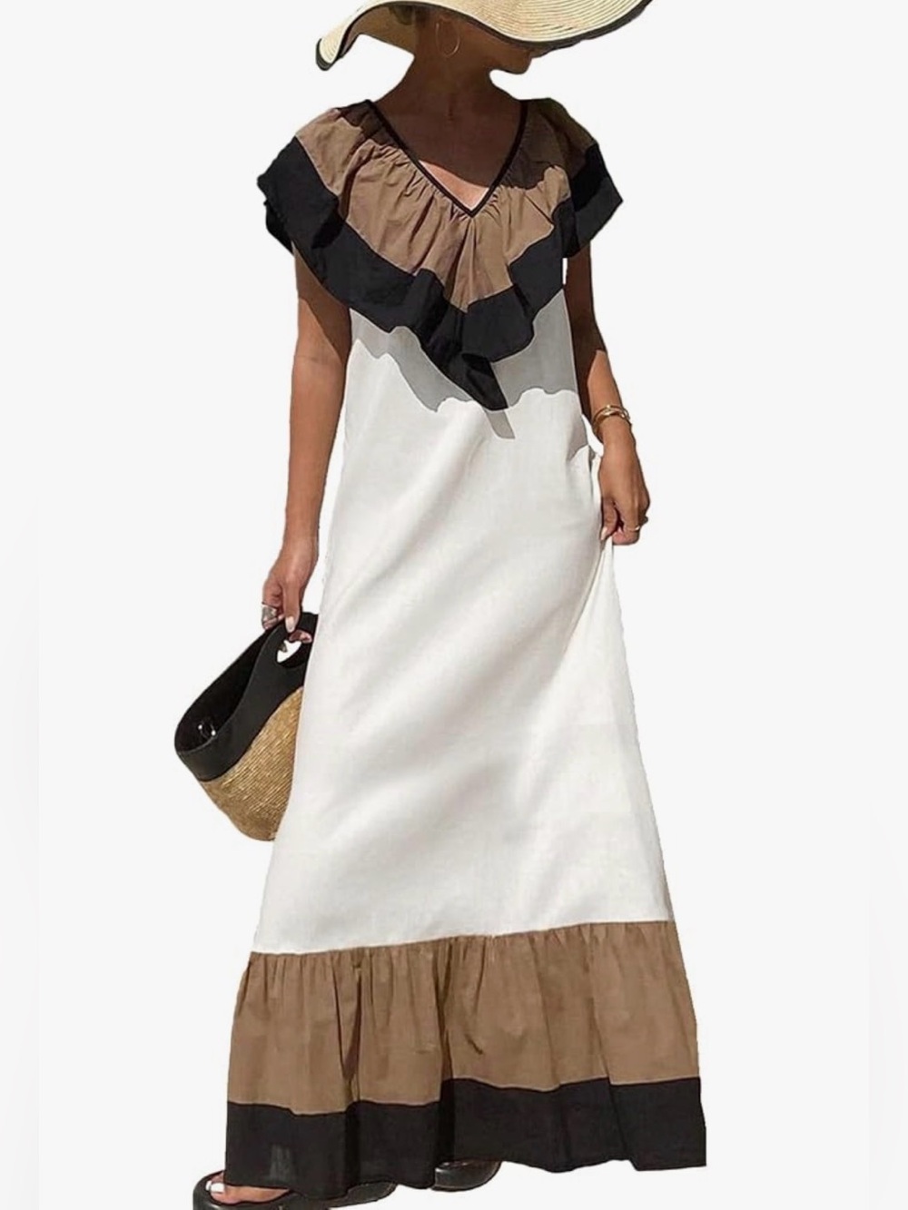 New Women's 2026 Summer V Neck Ruffle Maxi Dress Sleeveless Contrast Colorblock